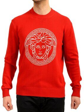 Versace Men's Medusa Embroidery Red Crewneck Pullover Sweater US 2XL IT 56